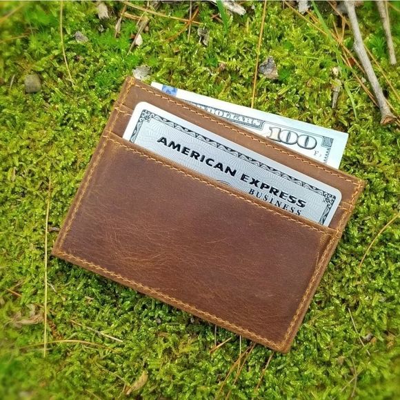 Men's Genuine Crazy Horse Leather Card Case Brown - Picture 4 of 5